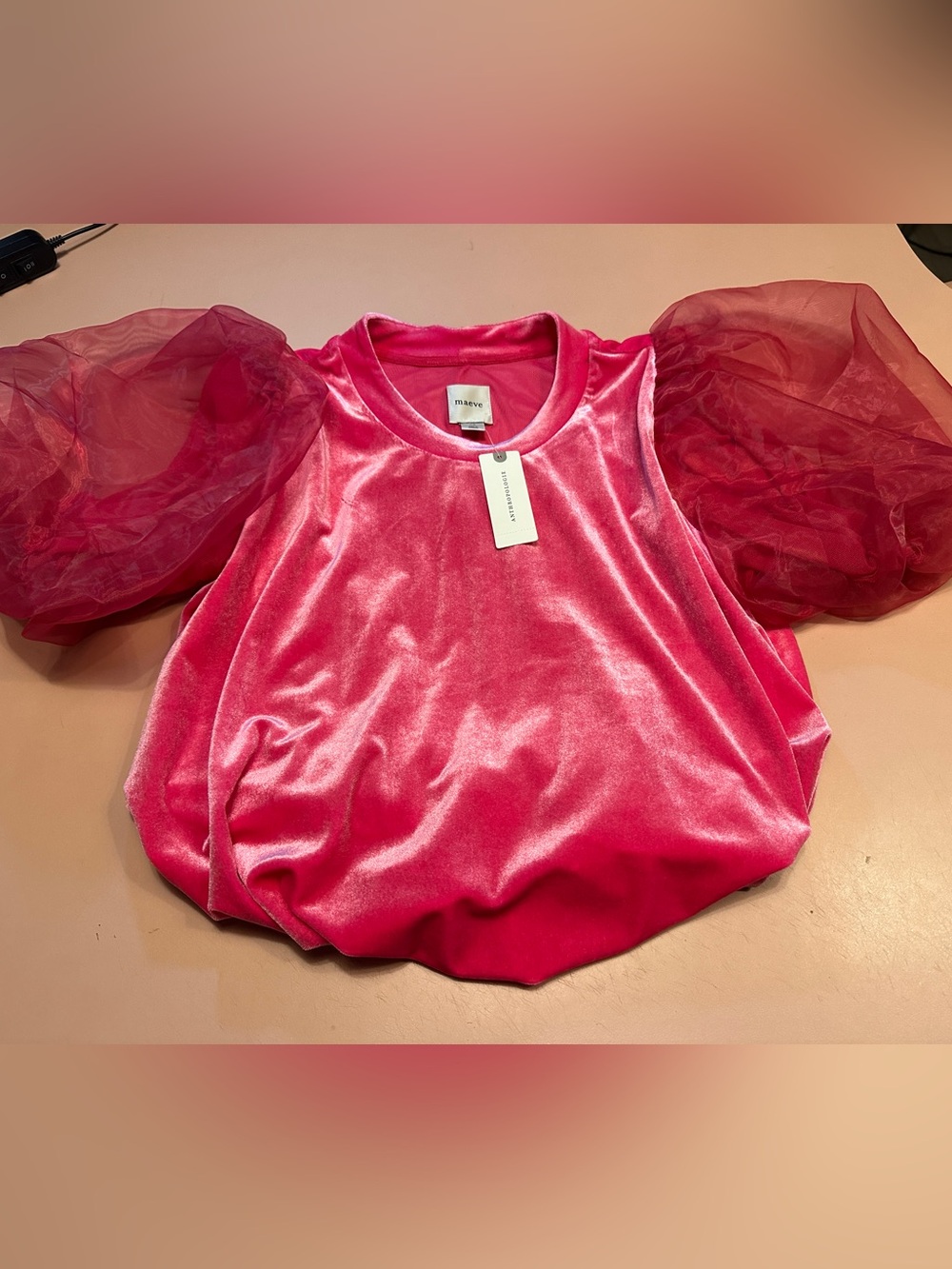 Maeve Velvet Puff Sleeve Top in Pink/Rose